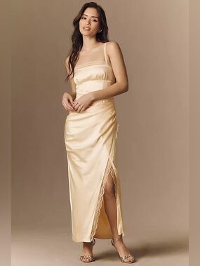 BHLDN Satin & Lace Maxi Dress Yellow Buttercream Large